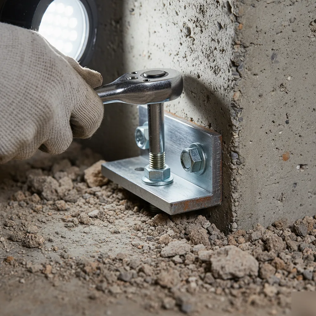 Steel push pier bracket bolted to a concrete footing in Austin