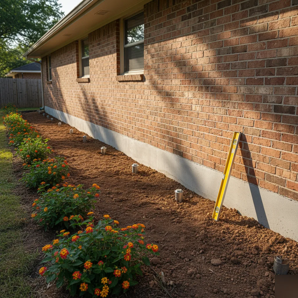 Completed steel push pier installation along an Austin foundation perimeter