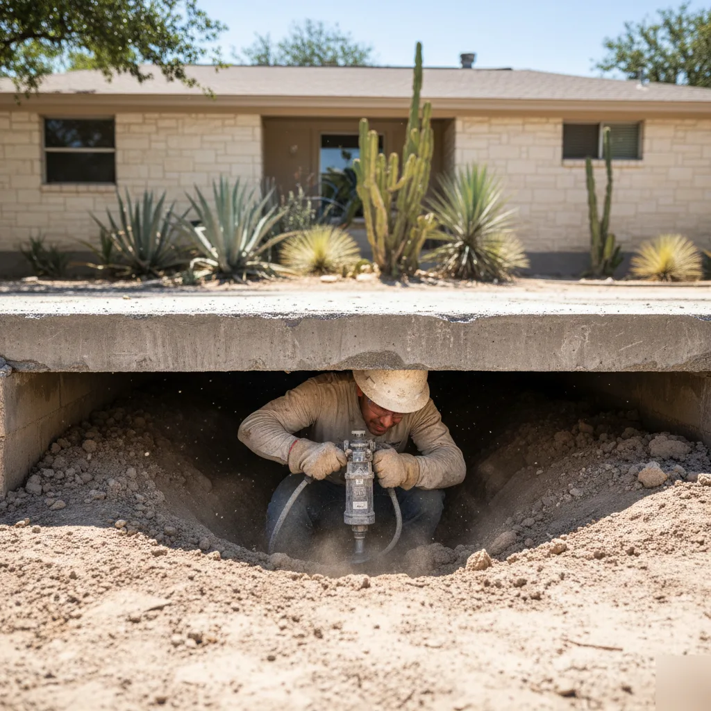 Exterior access shaft for tunneling beneath an Austin slab foundation