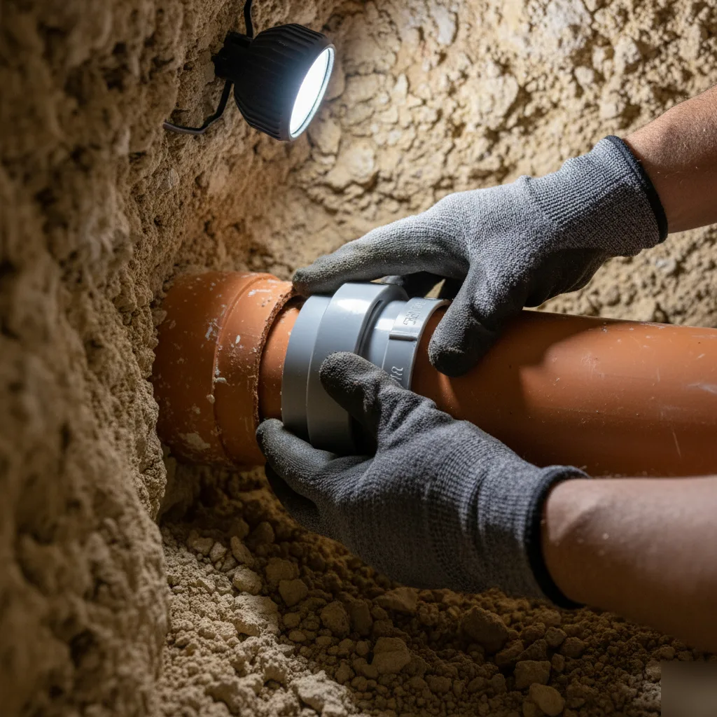 PVC coupling repair on an under-slab drain pipe inside an Austin tunnel