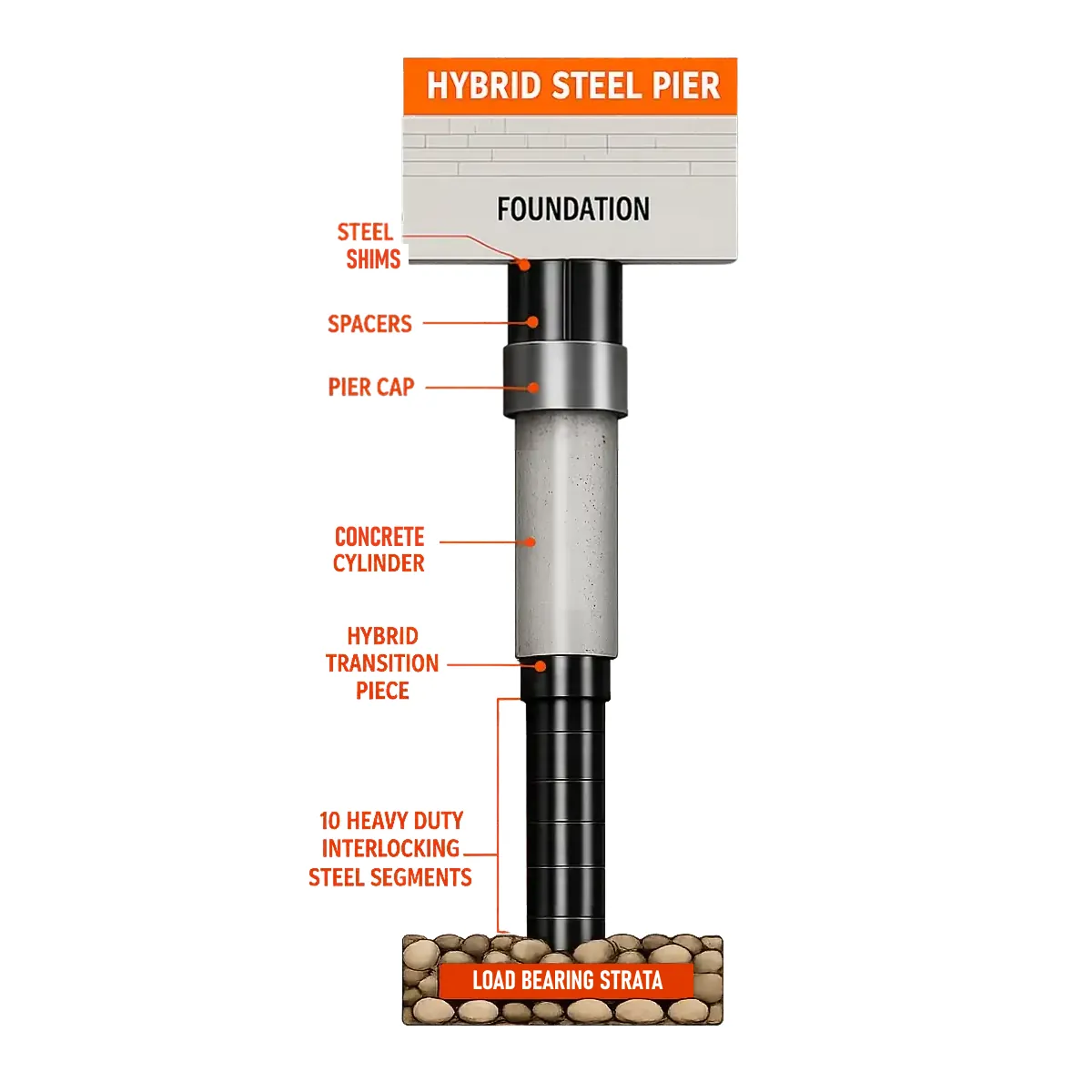 Diagram of the hybrid steel pier system: steel shims, spacers, and a pier cap beneath the foundation, a concrete cylinder, a hybrid transition piece, and ten interlocking steel segments driven to load bearing strata