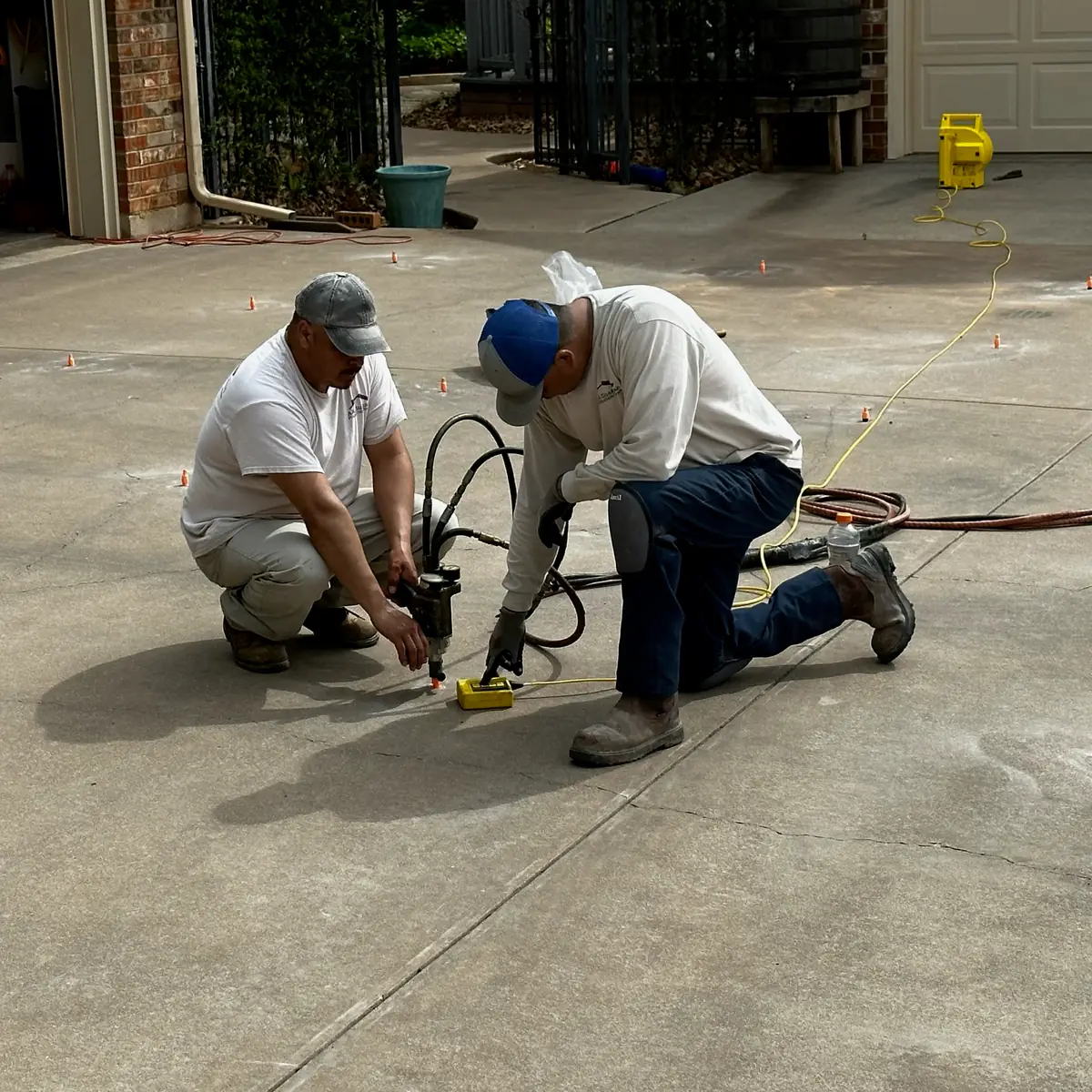 Bats Foundation Repair crew injecting polyurethane foam through a driveway slab to lift settled concrete in Pflugerville