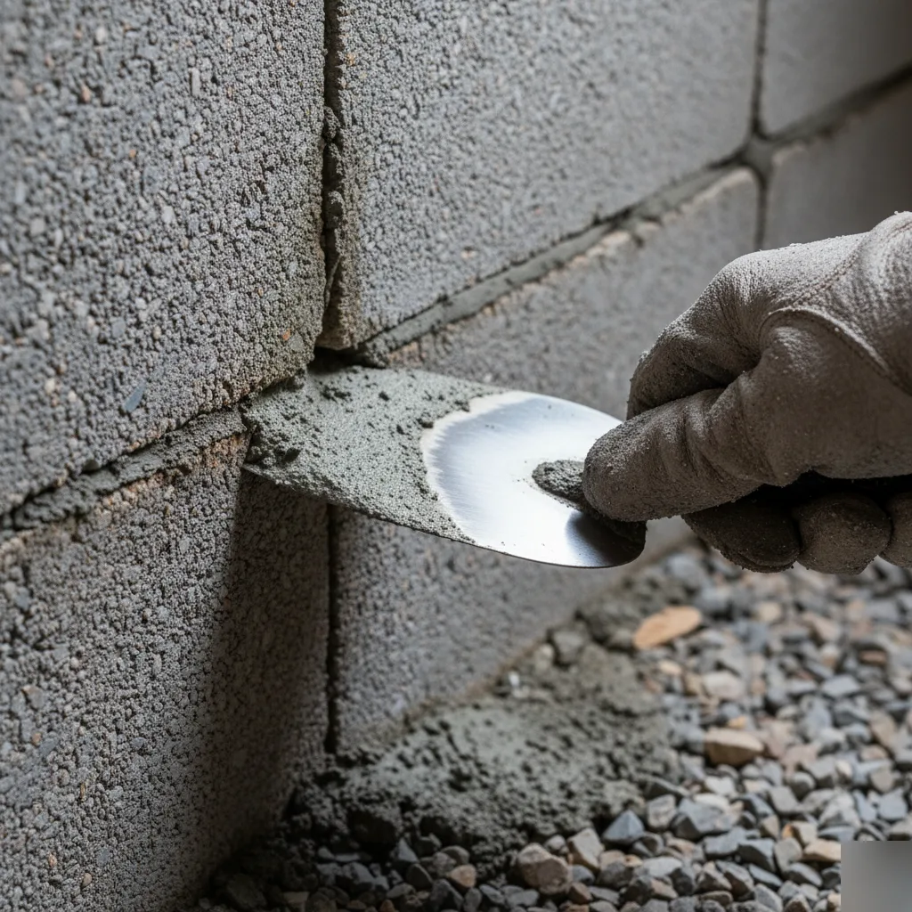 Cement trowel work during block and base foundation crack repair in San Antonio