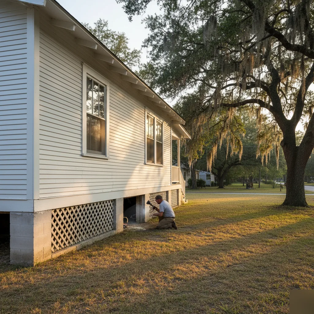 Block and base foundation inspection on a bungalow exterior in San Antonio