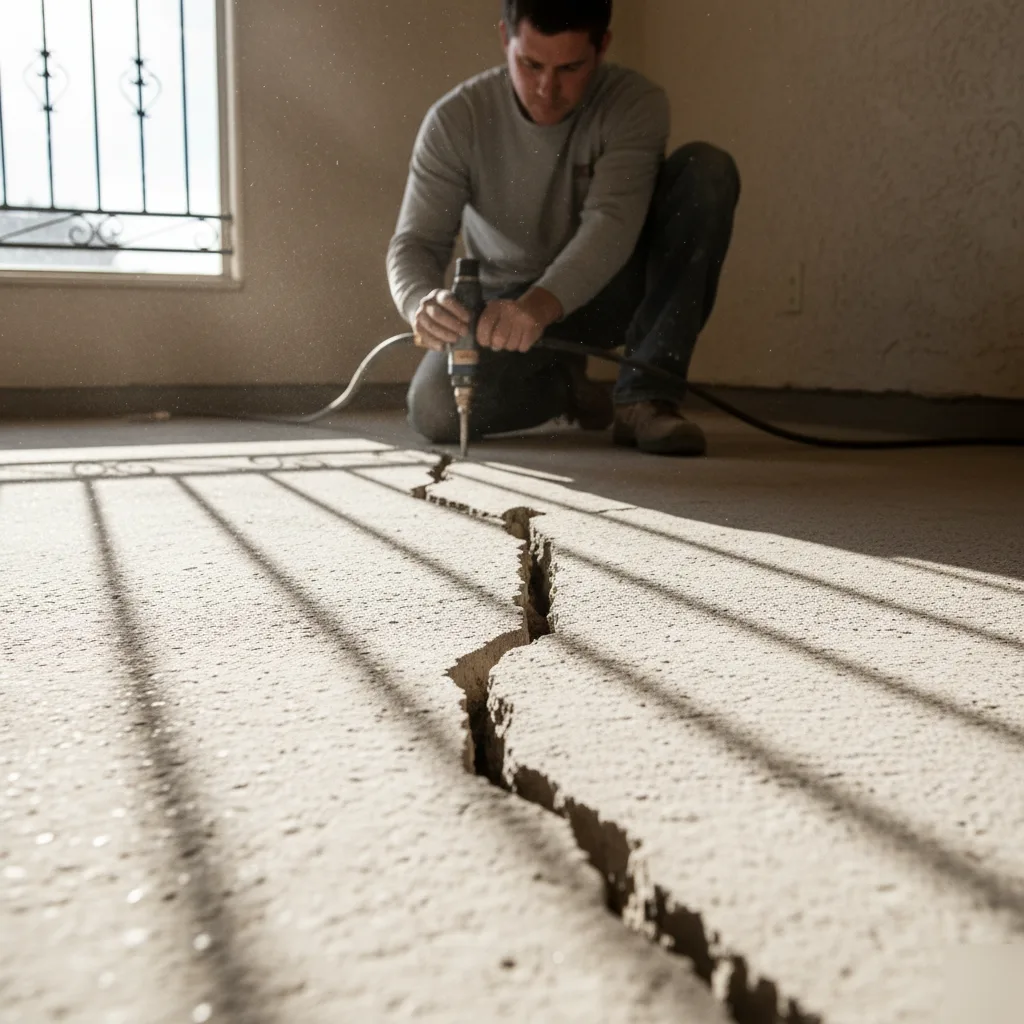 Crack injection during concrete slab foundation repair in San Antonio