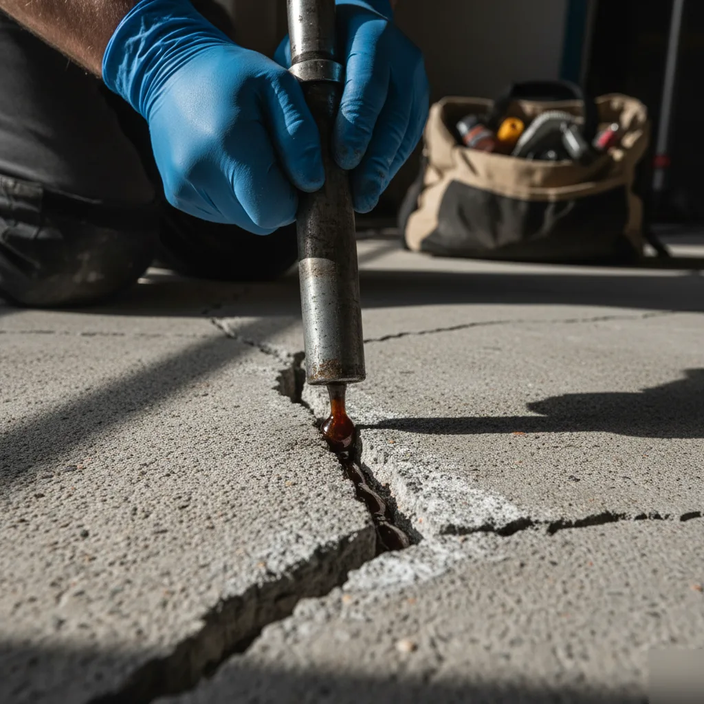 Epoxy injection nozzle detail for slab crack repair in San Antonio