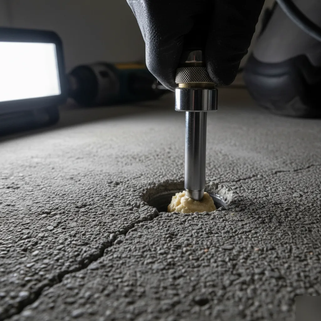 Foam injection port close-up for concrete slab repair in San Antonio