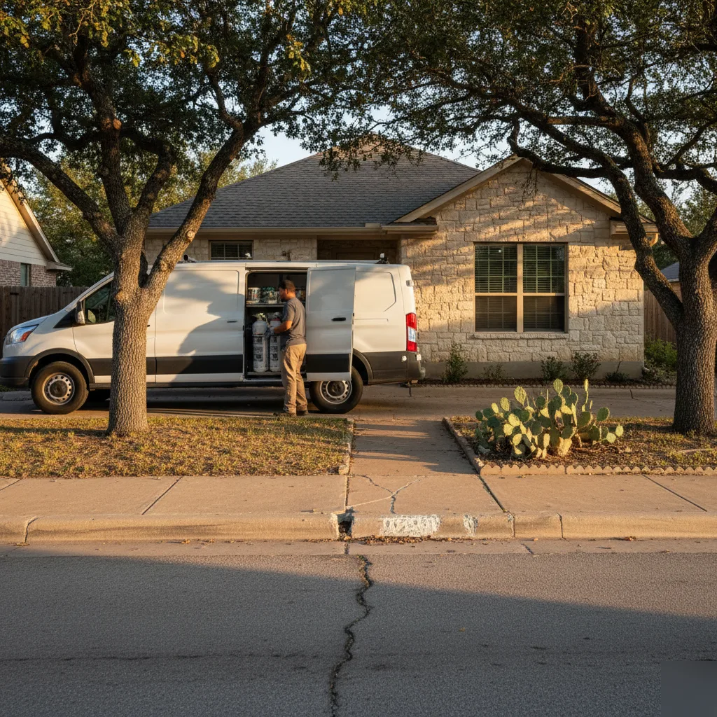 Concrete slab repair service van at a San Antonio limestone home
