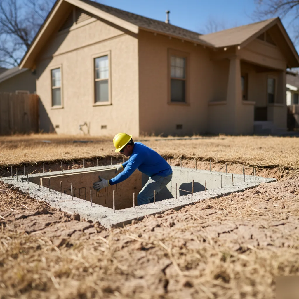 Foundation excavation pit prepared for concrete underpinning in San Antonio