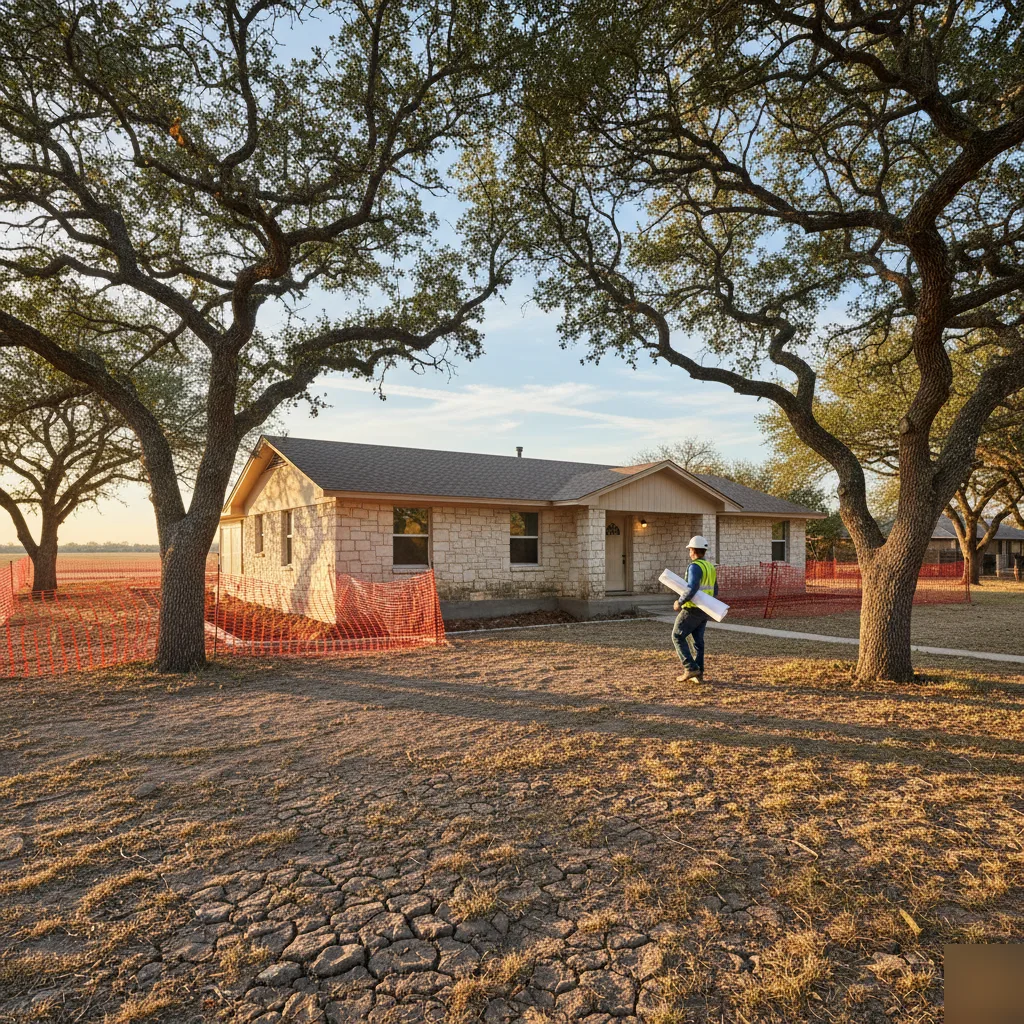 Concrete underpinning site at a limestone ranch house in San Antonio