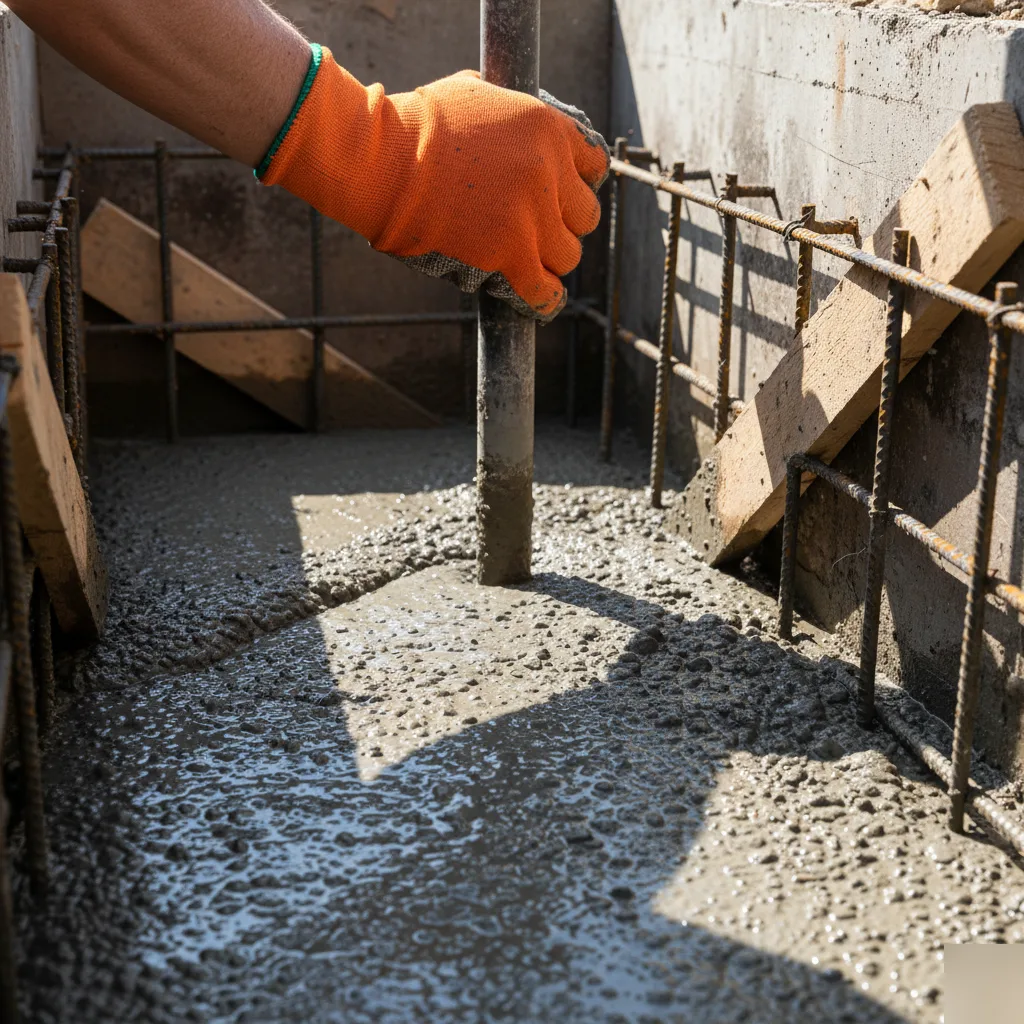 Concrete being poured and vibrated into a foundation underpinning pocket in San Antonio