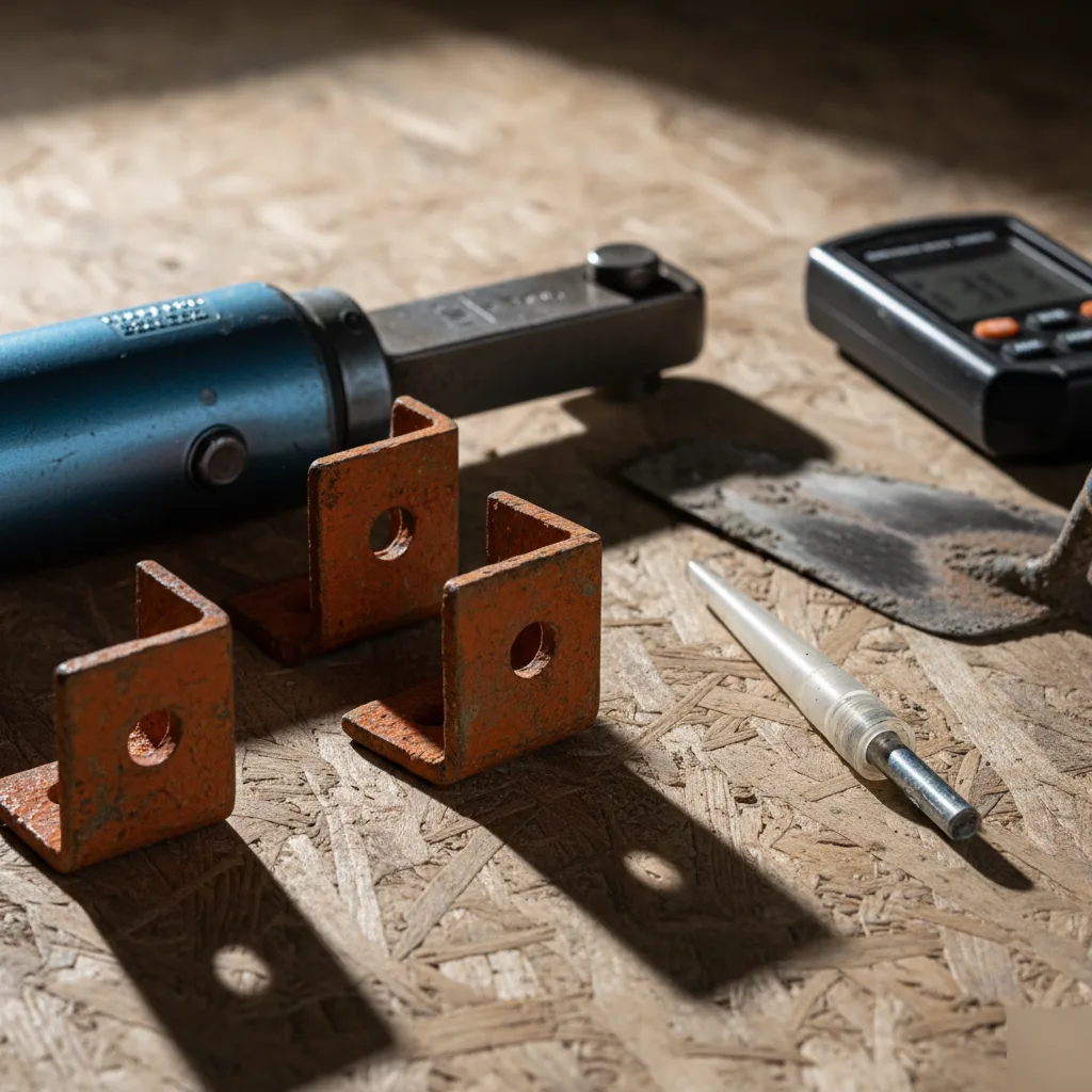 Foundation repair tools and pier bracket materials laid out at a San Antonio job site