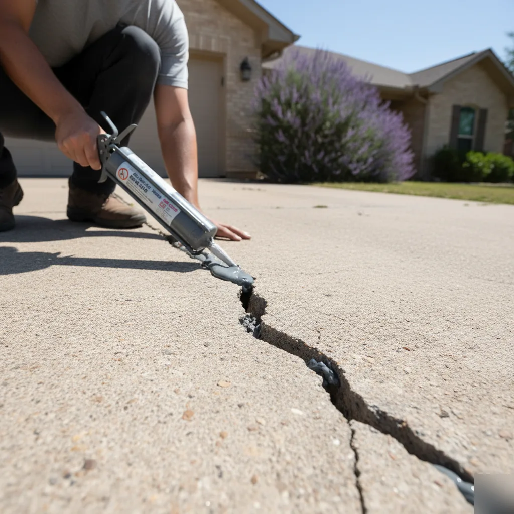 Crack sealing during driveway repair in San Antonio
