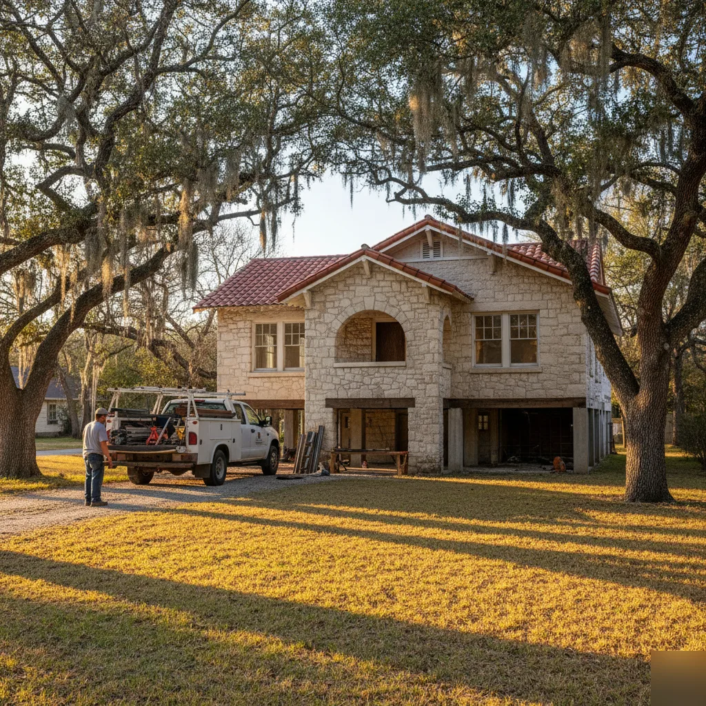 Elevated piling foundation repair on a San Antonio craftsman bungalow