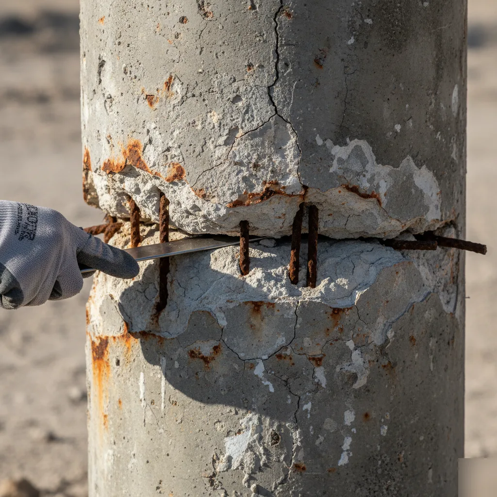 Failing concrete piling with crack and exposed rebar being inspected in San Antonio