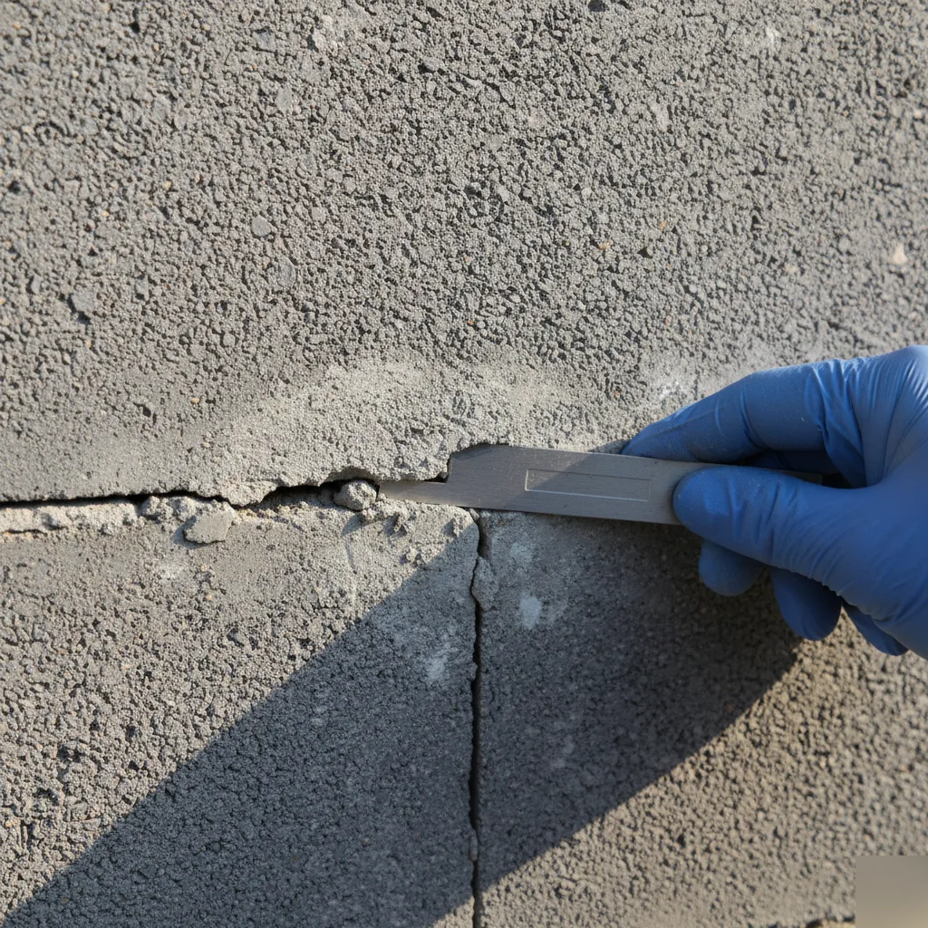 Crack gauge on a block foundation wall during inspection in San Antonio