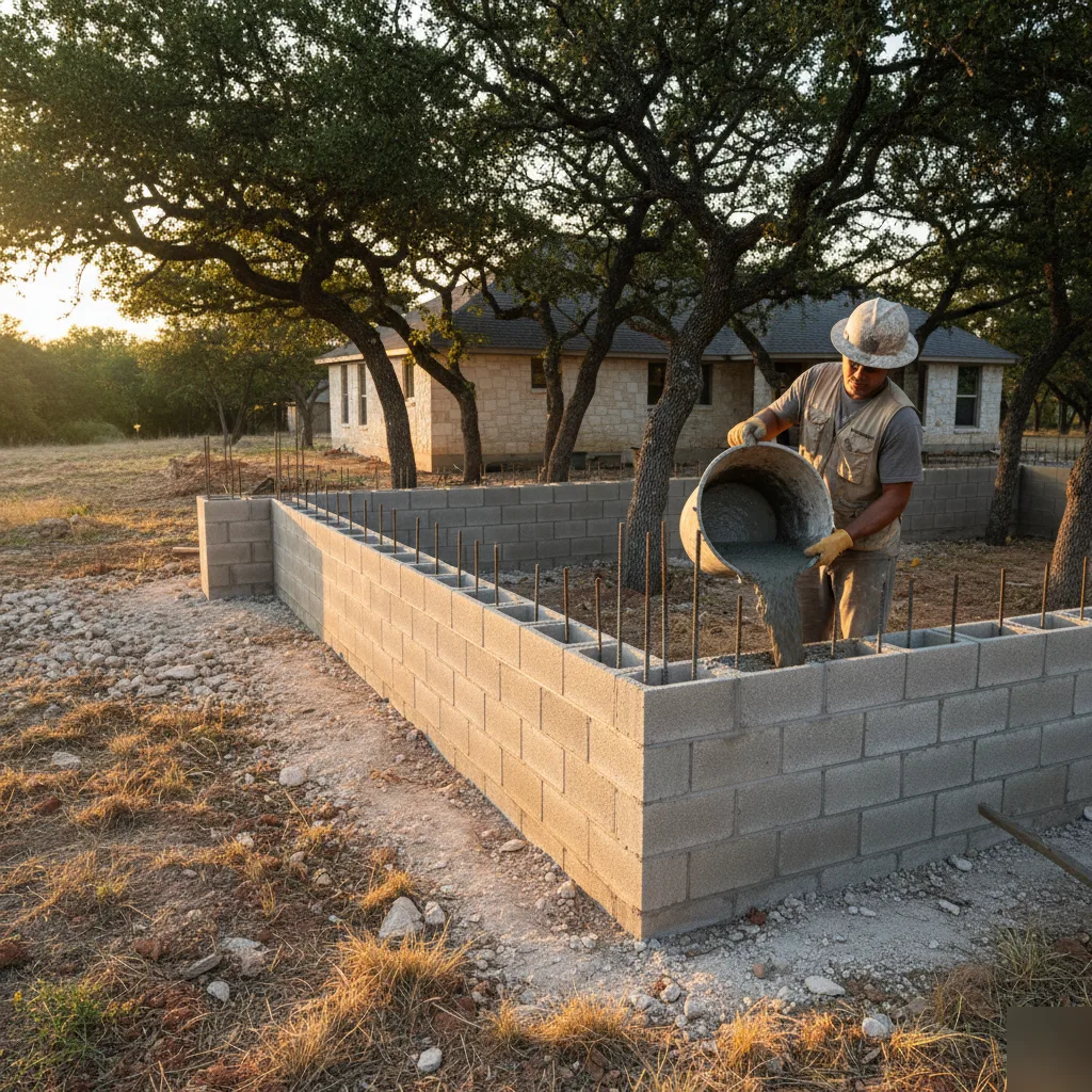 Rebar and grout installation inside CMU block foundation wall in San Antonio