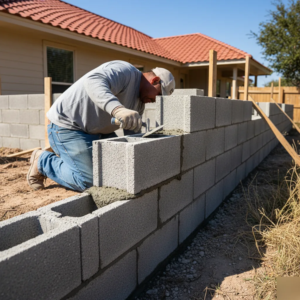 Worker laying mortar during foundation block wall installation in San Antonio