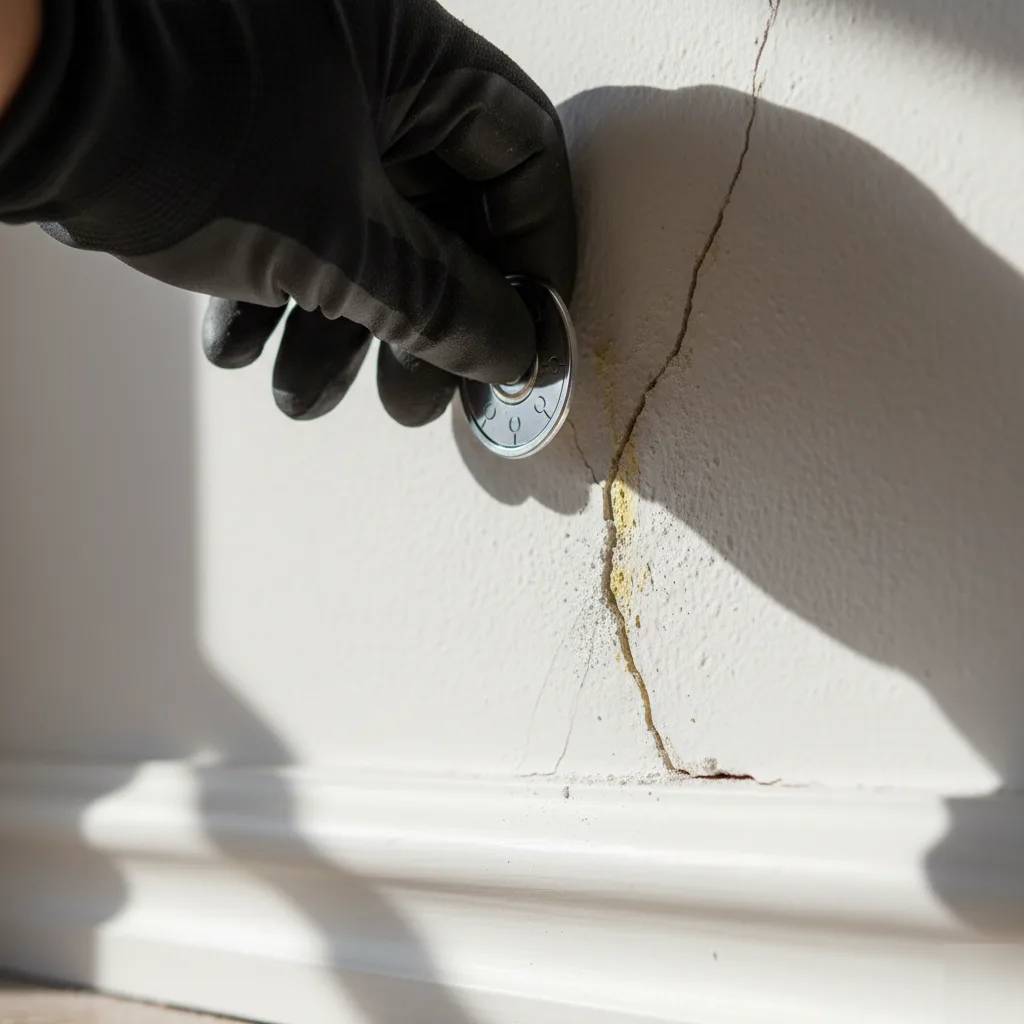 Foundation warning sign — wall crack monitor installed on a San Antonio home