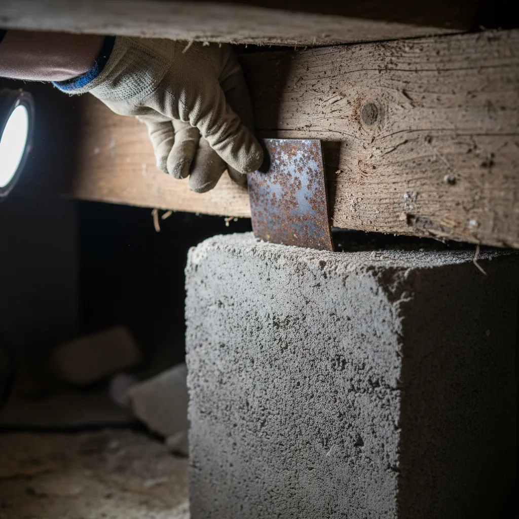 Steel shim and pier beam crawl space work during house leveling in San Antonio