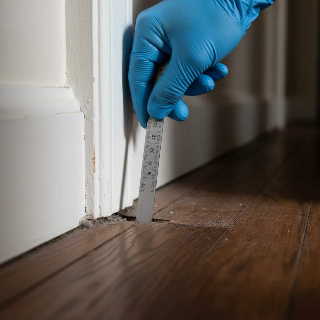 Foundation settlement gap visible between baseboard and floor in San Antonio home