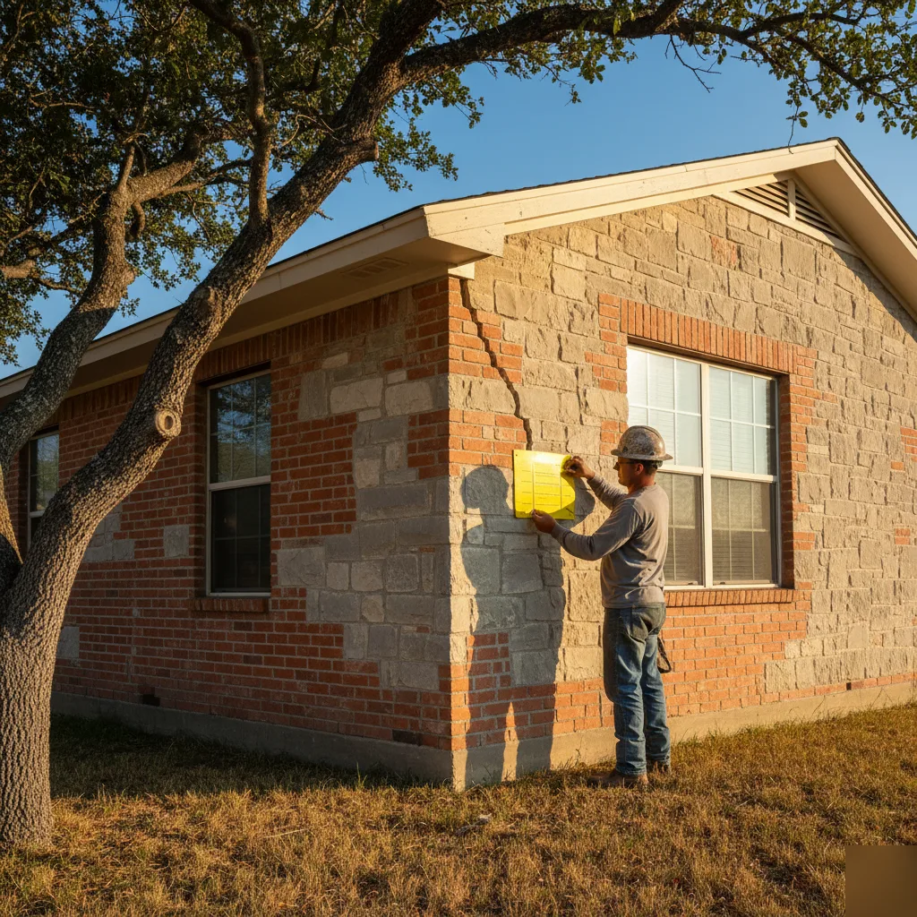 Masonry crack inspection on a ranch home exterior in San Antonio