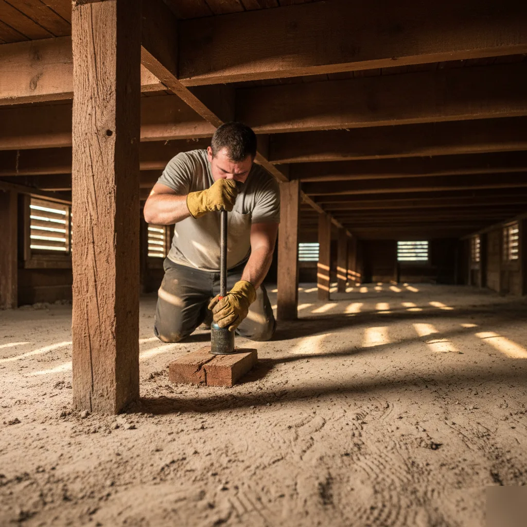Pier and beam foundation repair in a crawl space in San Antonio