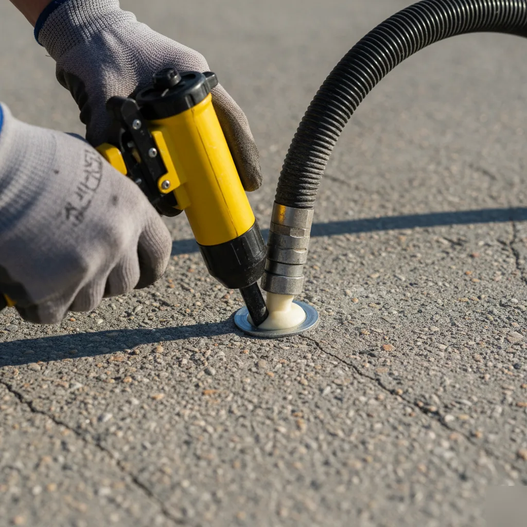 Foam injection gun and port installed in a concrete slab close-up in San Antonio