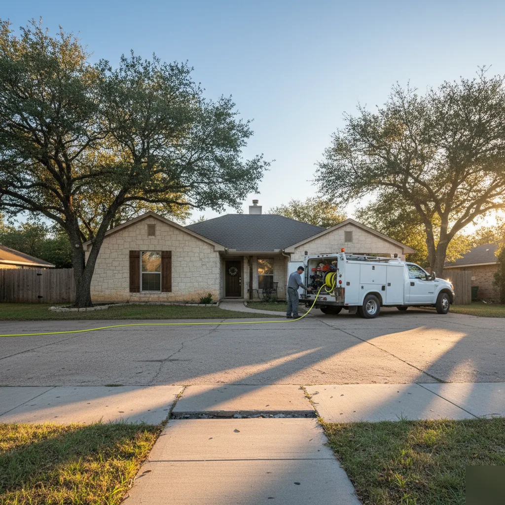 Polyurethane foam injection service truck at a San Antonio residential driveway