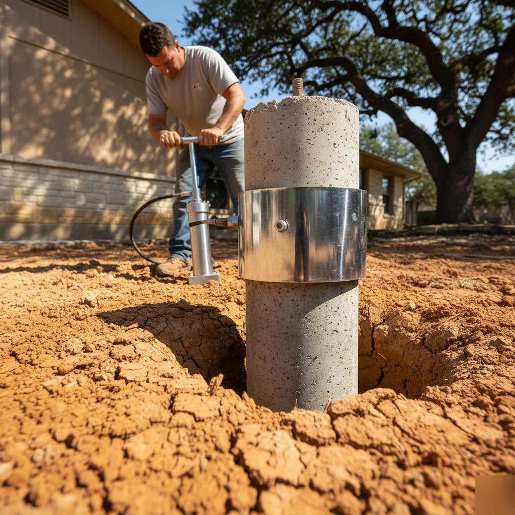Pressed concrete piling being installed through clay soil in San Antonio