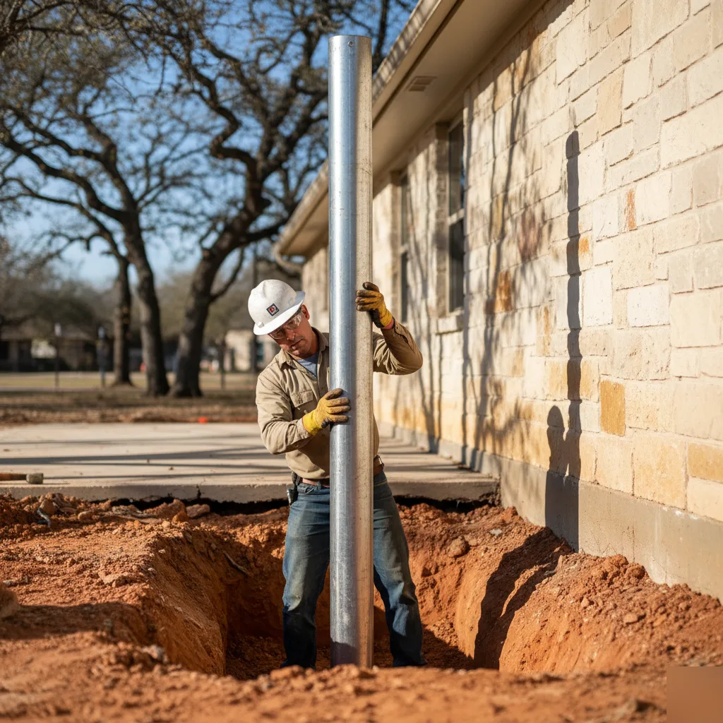 Pressed steel piling being installed during foundation repair on a San Antonio home