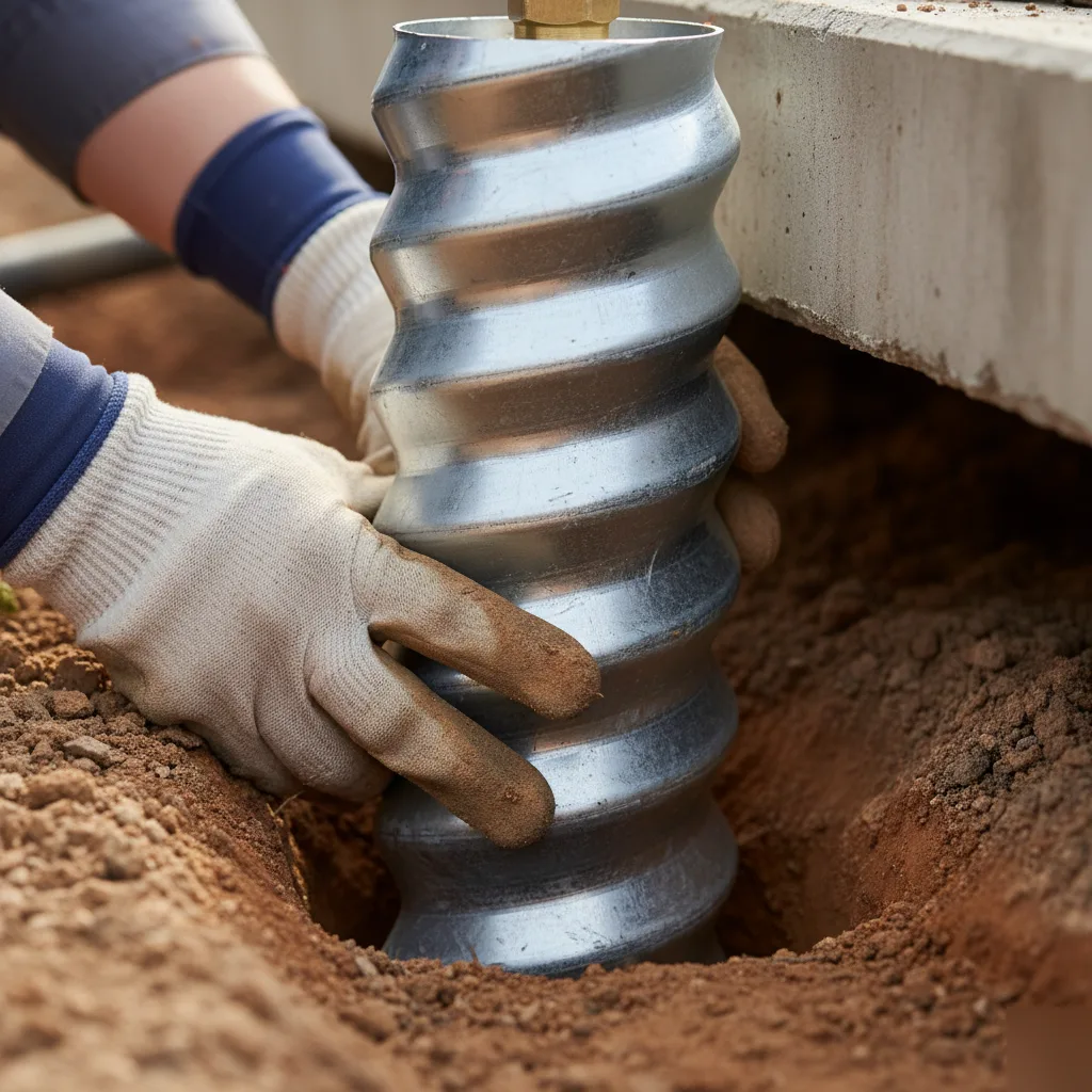 Galvanized steel piling tube ready for installation in San Antonio clay soil