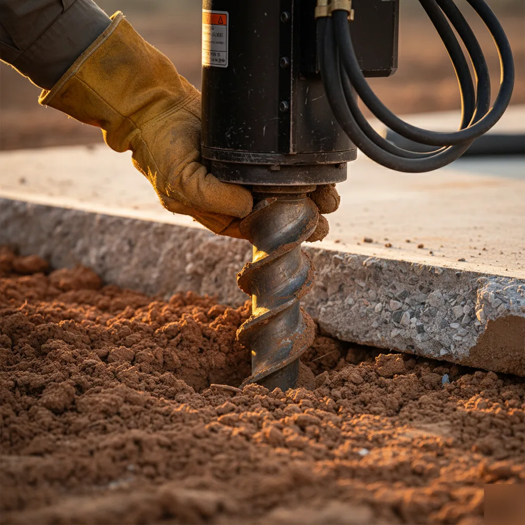Helical pier installation through expansive clay soil beneath a slab foundation in San Antonio