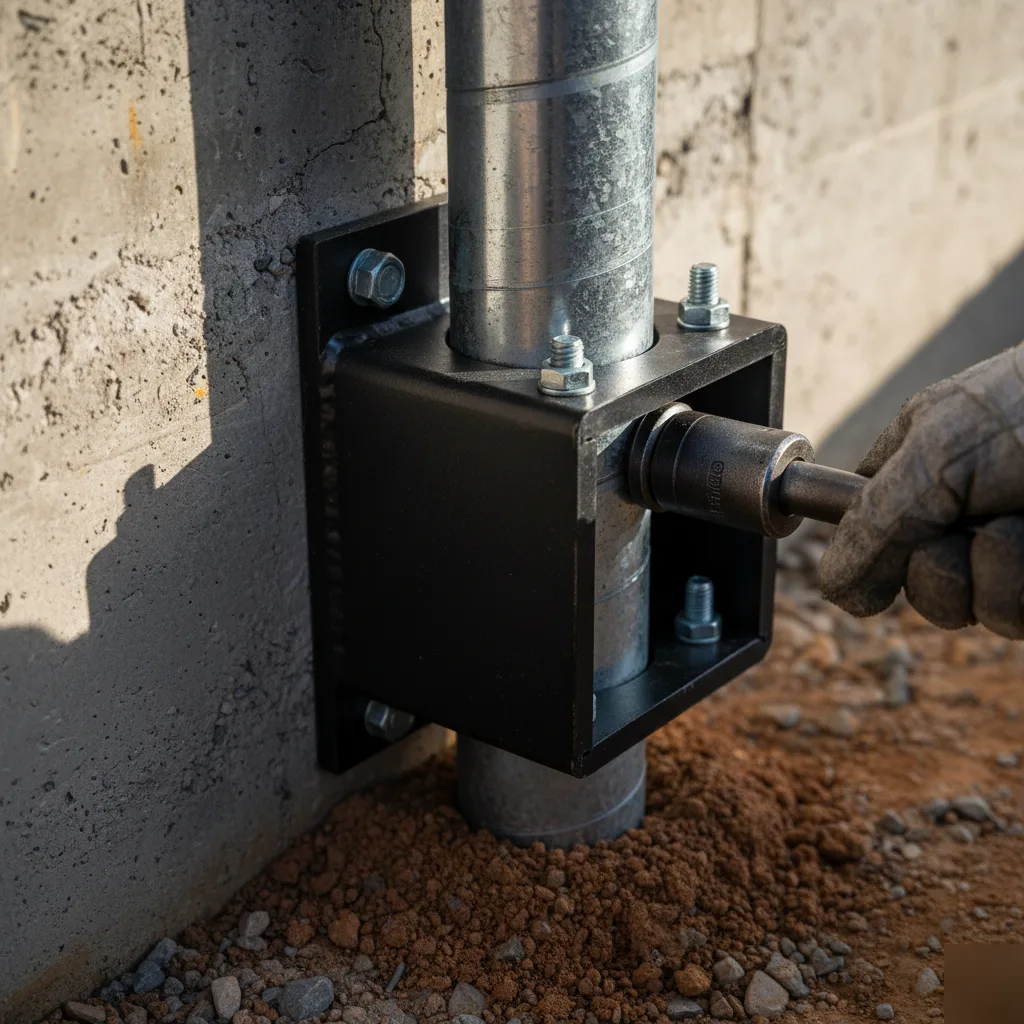 Close-up of steel push pier drive bracket bolted to a foundation footing in San Antonio