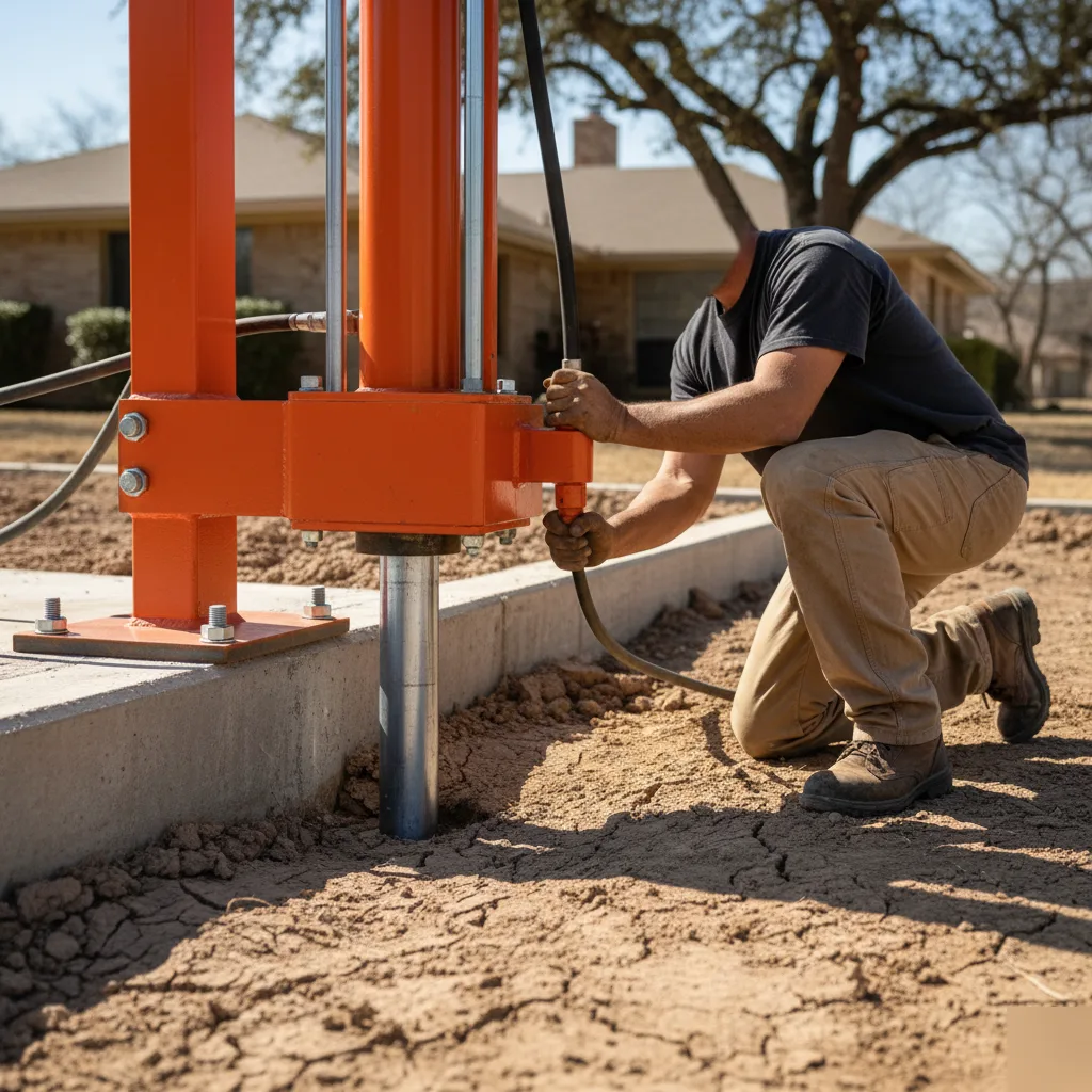 Steel push pier installation for foundation repair in San Antonio