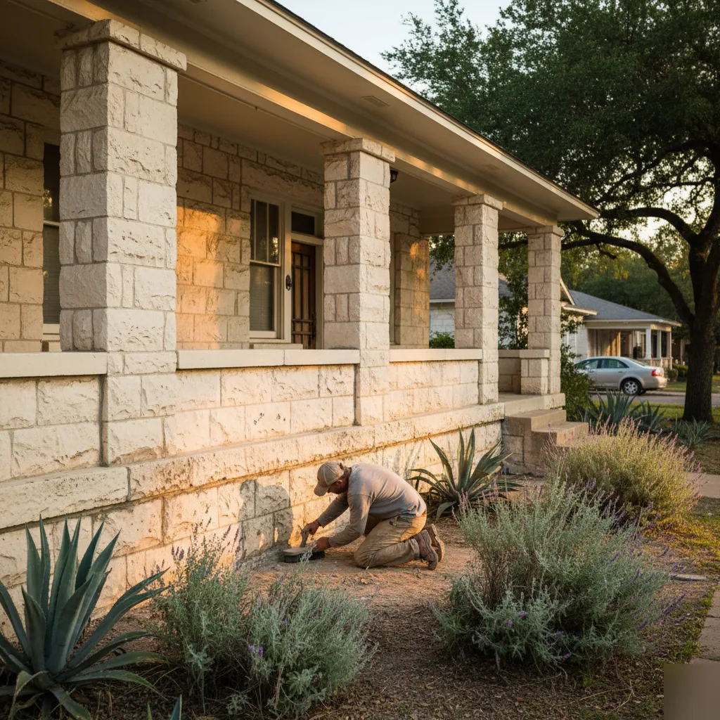Structural masonry repair on a historic limestone home in San Antonio