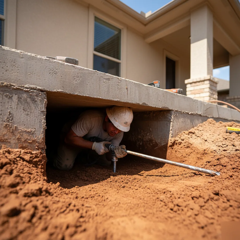 Under-slab tunneling excavation beneath a San Antonio concrete foundation