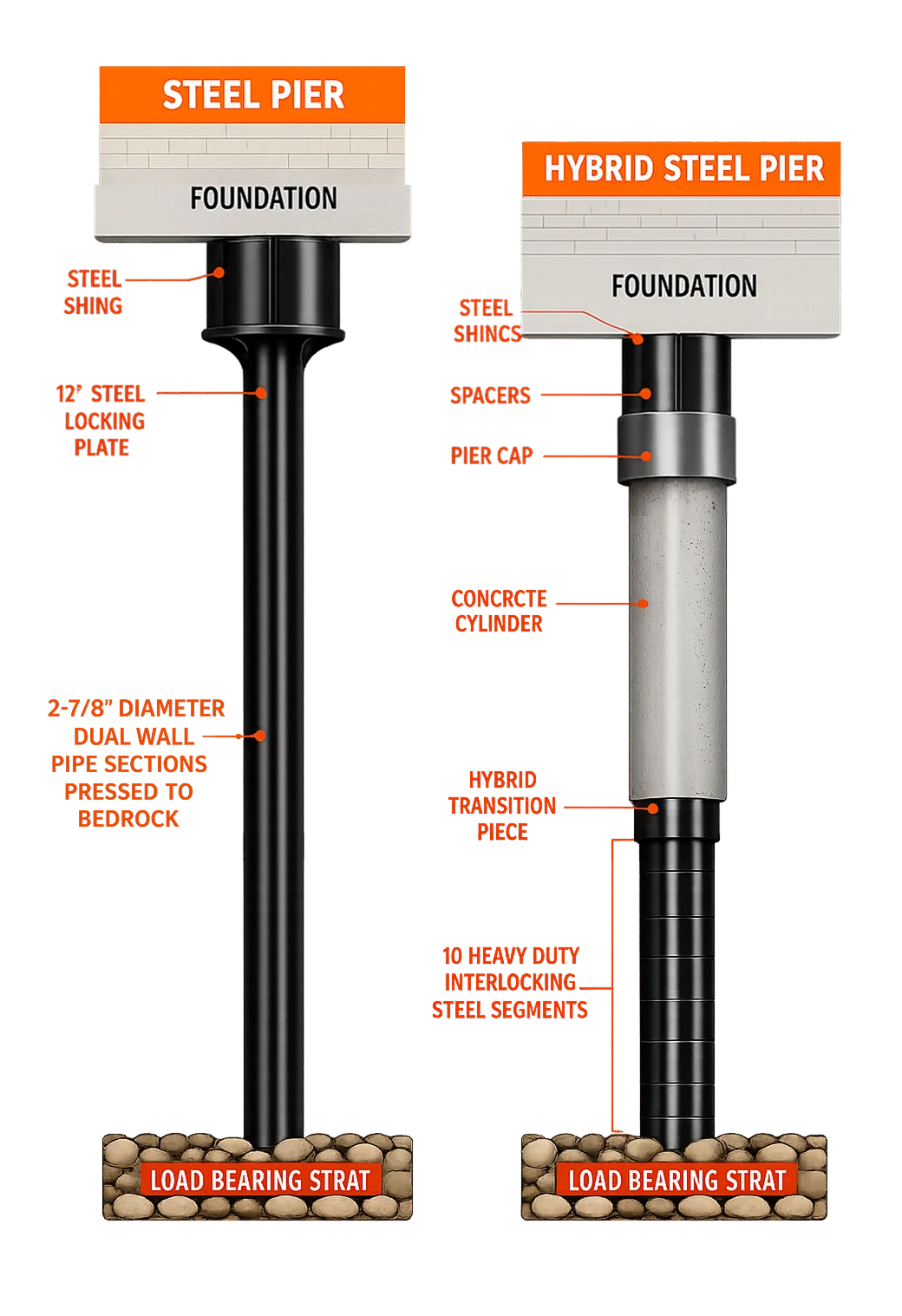 Diagram comparing the steel pier and hybrid steel pier systems, each shown from the home's foundation down to bedrock with labeled components