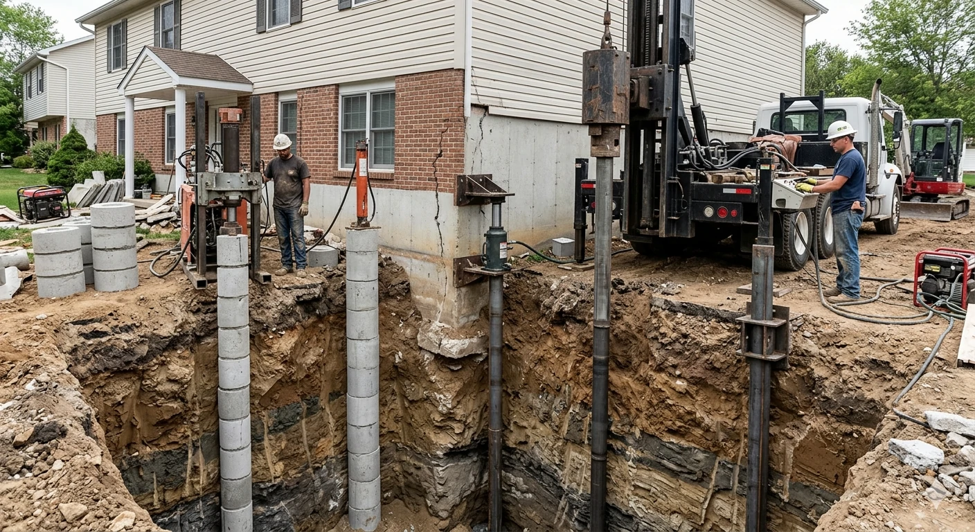 Hybrid steel pier system installation showing concrete cylinder piers and steel piers driven beneath a Pflugerville home's foundation